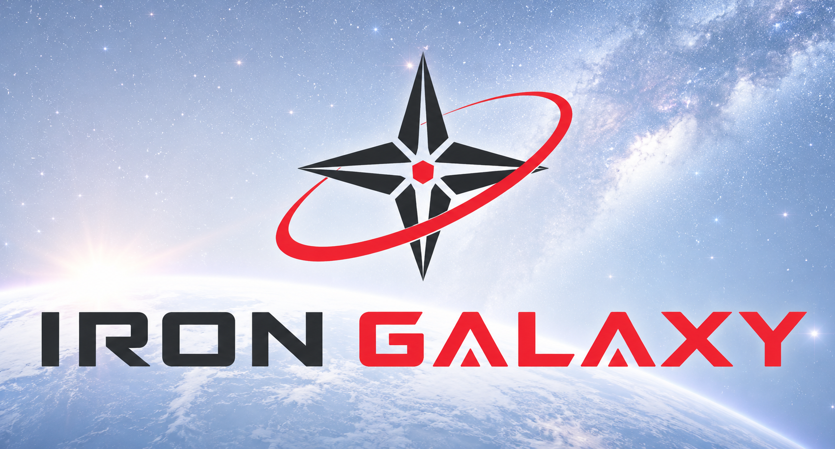 The IRON GALAXY logo over a view of Earth and the Milky Way from orbit