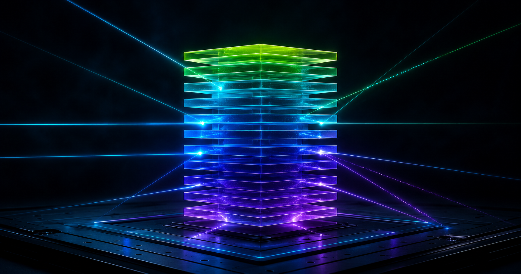 A tall stack of glowing translucent layers on a dark test bench, scanned by fine laser measurement lines