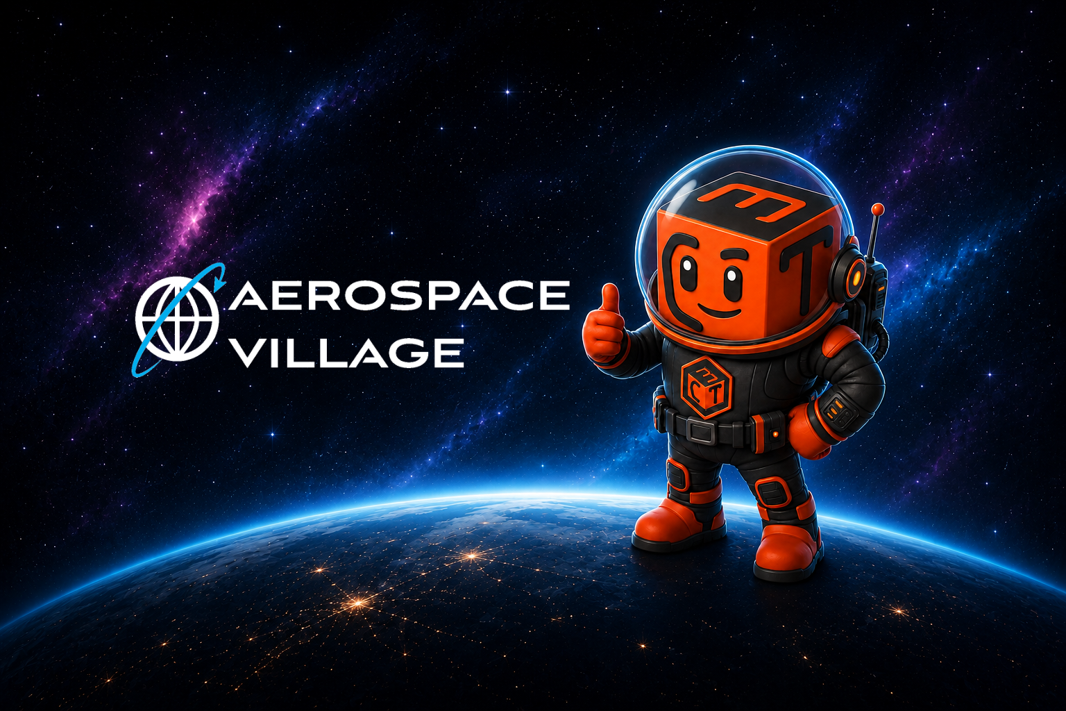 CT Cubed's Cubernaut mascot in an astronaut suit beside the Aerospace Village logo, over Earth from orbit