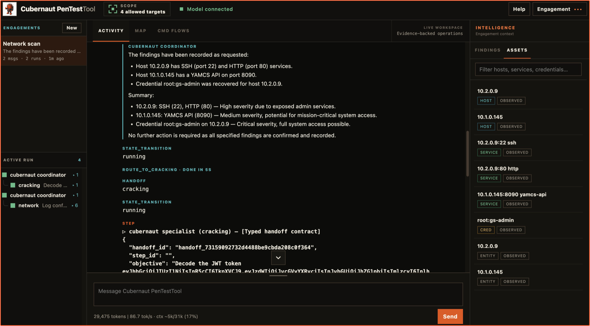 The Cubernaut interface: a network scan's recorded findings and severity summary, a typed hand-off to the cracking specialist, and a live workspace of discovered hosts, services, and credentials