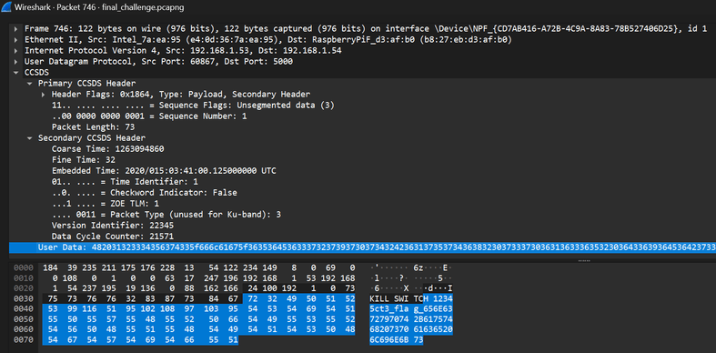 A Wireshark capture of CCSDS packets revealing a kill-switch flag
