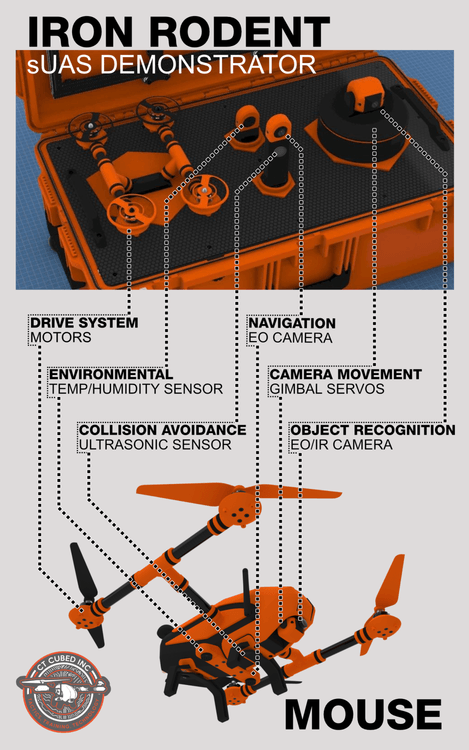 Infographic labeling the MOUSE subsystems: drive, environmental, collision avoidance, navigation, camera movement, and object recognition